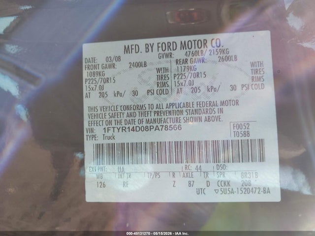 45131270 :رقم المزاد ، 1FTYR14D08PA78566 vin ، 2008 Ford Ranger Xl/xlt مزاد بيع