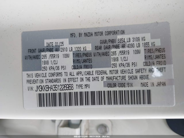 Aukcja sprzedaży 2025 Mazda Cx-90 Phev Preferred Package, vin: JM3KKBHA3S1226968, numer aukcji: 45131280