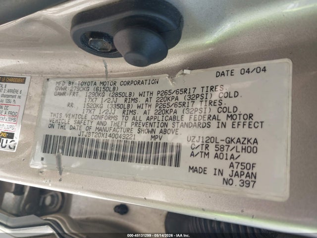 2004 Lexus Gx 470 მანქანა იყიდება აუქციონზე, vin: JTJBT20X140049221, აუქციონის ნომერი: 45131299
