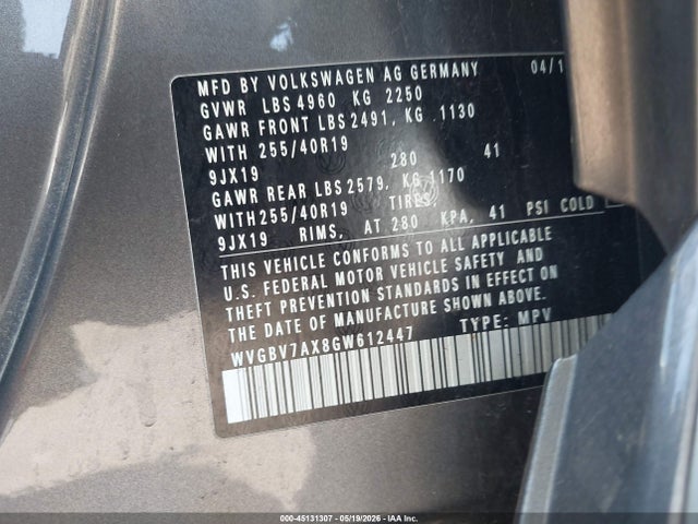 45131307 :رقم المزاد ، WVGBV7AX8GW612447 vin ، 2016 Volkswagen Tiguan R-line مزاد بيع