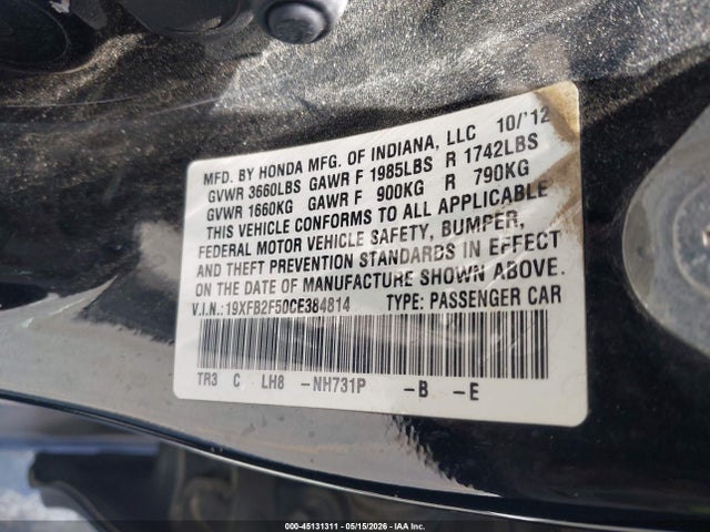 45131311 :رقم المزاد ، 19XFB2F50CE384814 vin ، 2012 Honda Civic Lx مزاد بيع