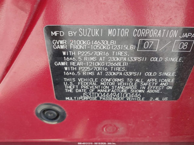 Продаж на аукціоні авто 2009 Suzuki Grand Vitara Xsport, vin: JS3TD044494100446, номер лоту: 45131315