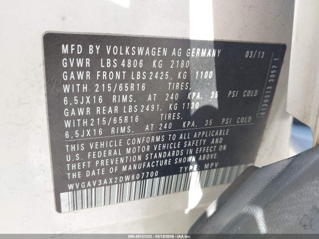 Aukcja sprzedaży 2013 Volkswagen Tiguan S, vin: WVGAV3AX2DW607700, numer aukcji: 45131322