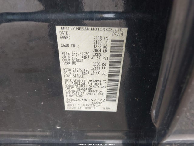 2019 Nissan Murano Platinum მანქანა იყიდება აუქციონზე, vin: 5N1AZ2MJ8KN157172, აუქციონის ნომერი: 45131326