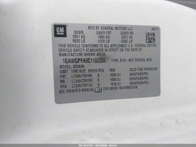 2012 Chevrolet Express 2500 Ls მანქანა იყიდება აუქციონზე, vin: 1GAWGPFA9C1102726, აუქციონის ნომერი: 45131331