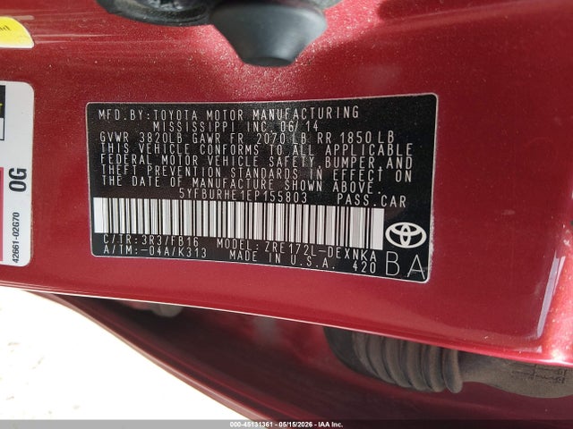5YFBURHE1EP155803 Toyota COROLLA LE