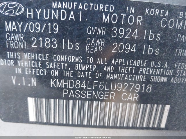 Продажа на аукционе авто 2020 Hyundai Elantra Sel, vin: KMHD84LF6LU927918, номер лота: 45131363