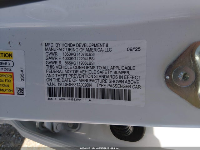45131364 :رقم المزاد ، 19UDE4H63TA002604 vin ، 2026 Acura Integra Fwd A-spec With Technology مزاد بيع