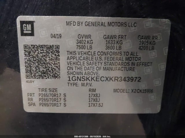 1GNSKKECXKR343972 Chevrolet Suburban Commercial Fleet