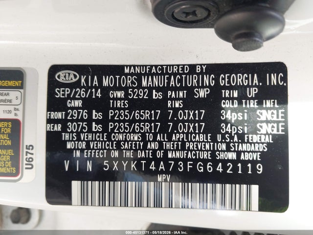 5XYKT4A73FG642119 KIA Sorento Lx V6