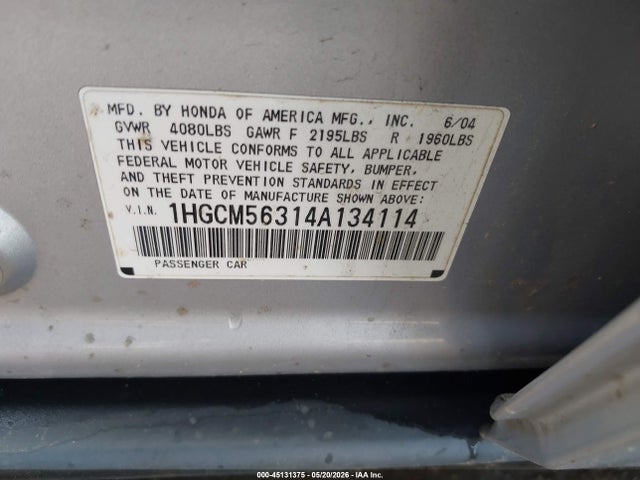 Aukcja sprzedaży 2004 Honda Accord 2.4 Lx, vin: 1HGCM56314A134114, numer aukcji: 45131375