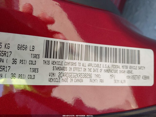 Aukcja sprzedaży 2019 Dodge Grand Caravan Gt, vin: 2C4RDGEG2KR538296, numer aukcji: 45131376