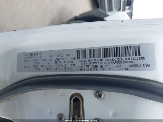 45131380 :رقم المزاد ، 1C6RR7KG6KS651437 vin ، 2019 Ram 1500 Classic Tradesman  4x4 5'7 Box مزاد بيع