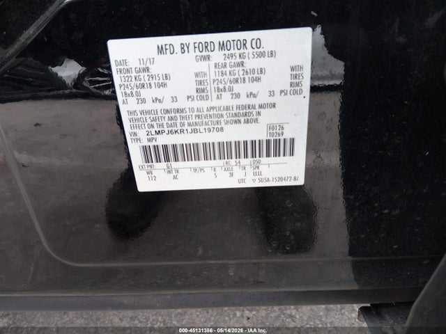 Aukcja sprzedaży 2018 Lincoln Mkx Select, vin: 2LMPJ6KR1JBL19708, numer aukcji: 45131386