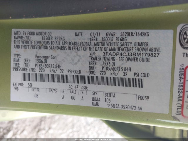 Aukcja sprzedaży 2011 Ford Fiesta Sel, vin: 3FADP4CJ3BM179827, numer aukcji: 45131389