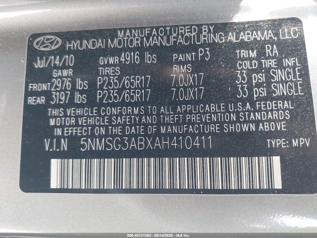 45131393 :رقم المزاد ، 5NMSG3ABXAH410411 vin ، 2010 Hyundai Santa Fe Gls مزاد بيع