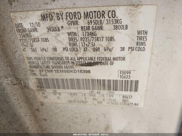 Aukcja sprzedaży 2011 Ford F-150 Xl, vin: 1FTMF1EM9BKD18398, numer aukcji: 45131403
