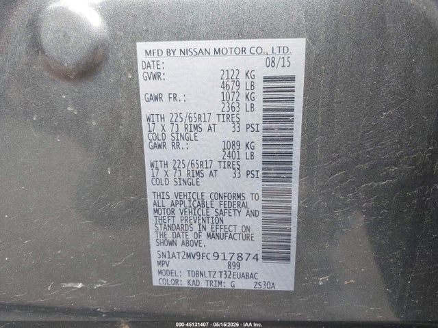 Продажа на аукционе авто 2015 Nissan Rogue Sv, vin: 5N1AT2MV9FC917874, номер лота: 45131407
