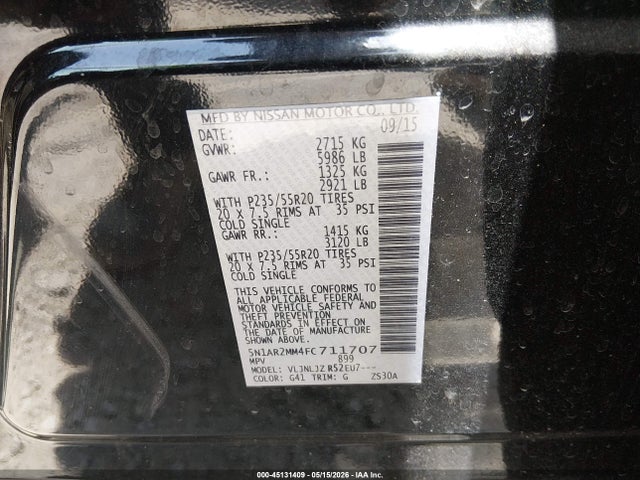 45131409 :رقم المزاد ، 5N1AR2MM4FC711707 vin ، 2015 Nissan Pathfinder Platinum مزاد بيع