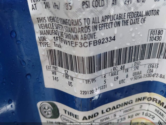 45131414 :رقم المزاد ، 1FTFW1EF3CFB92334 vin ، 2012 Ford F-150 Xlt مزاد بيع