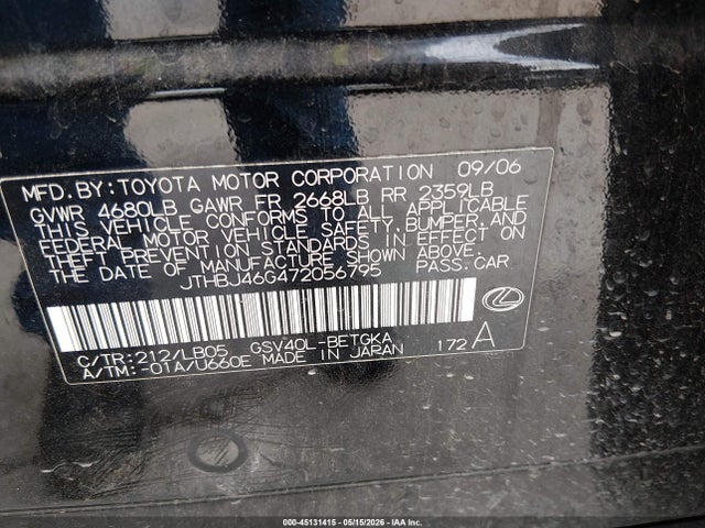 Продаж на аукціоні авто 2007 Lexus Es 350, vin: JTHBJ46G472056795, номер лоту: 45131415
