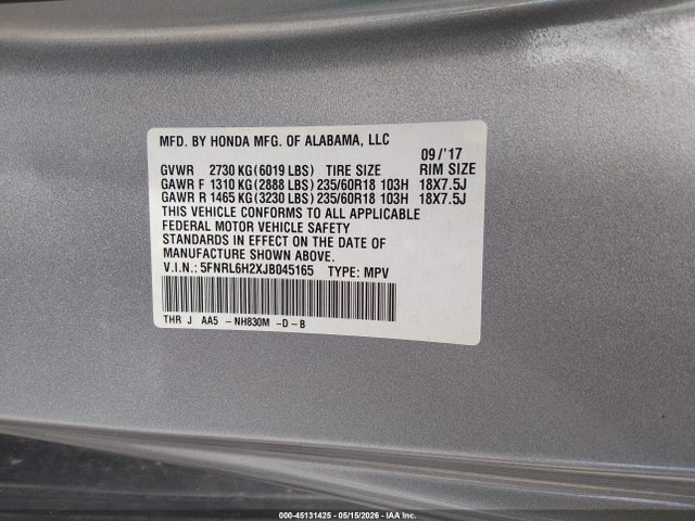 45131425 :رقم المزاد ، 5FNRL6H2XJB045165 vin ، 2018 Honda Odyssey Lx مزاد بيع