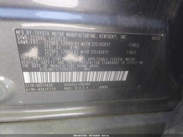 45131441 :رقم المزاد ، 4T3LWRFV7PU091972 vin ، 2023 Toyota Rav4 Hybrid Le مزاد بيع