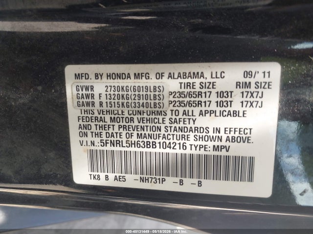 2011 Honda Odyssey Ex-l მანქანა იყიდება აუქციონზე, vin: 5FNRL5H63BB104216, აუქციონის ნომერი: 45131449