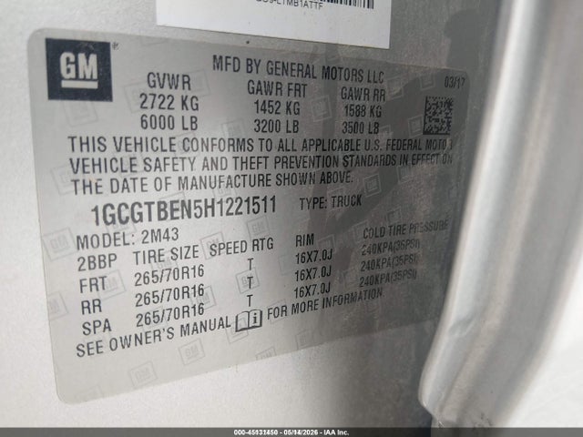 1GCGTBEN5H1221511 Chevrolet Colorado Wt