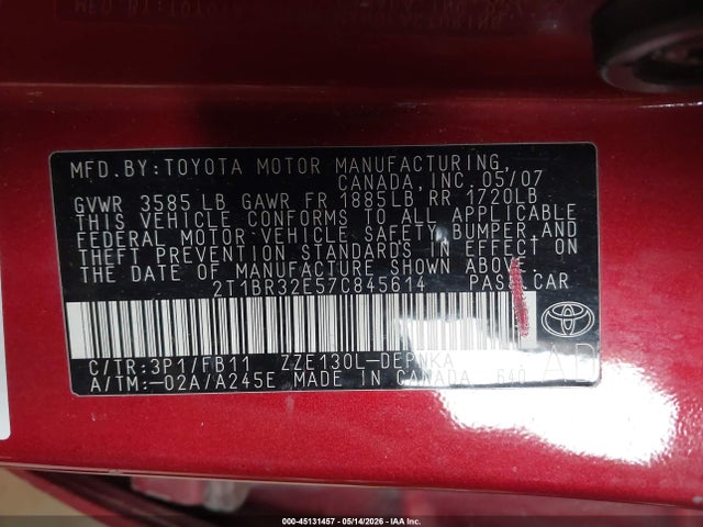 Aukcja sprzedaży 2007 Toyota Corolla Le, vin: 2T1BR32E57C845614, numer aukcji: 45131457