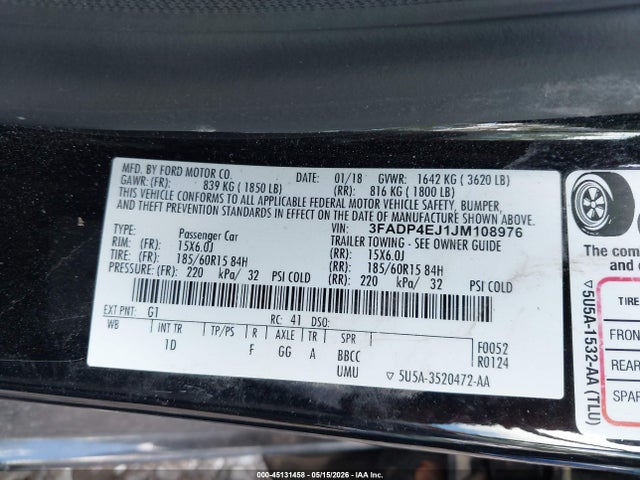 Aukcja sprzedaży 2018 Ford Fiesta Se, vin: 3FADP4EJ1JM108976, numer aukcji: 45131458
