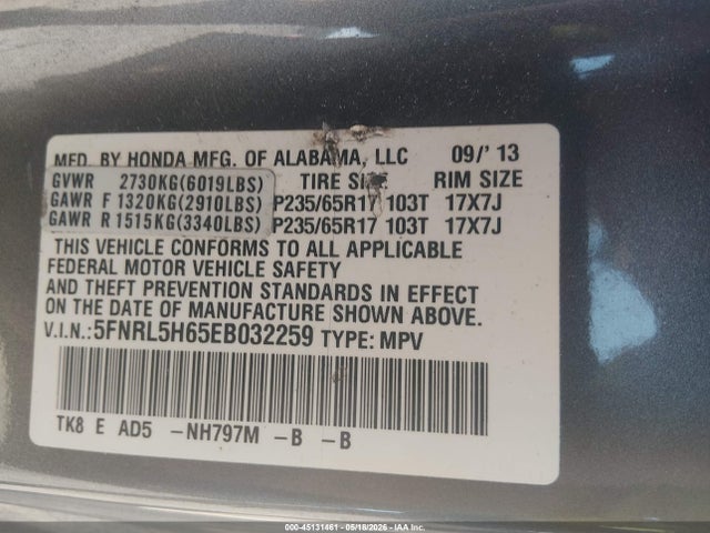 45131461 :رقم المزاد ، 5FNRL5H65EB032259 vin ، 2014 Honda Odyssey Ex-l مزاد بيع