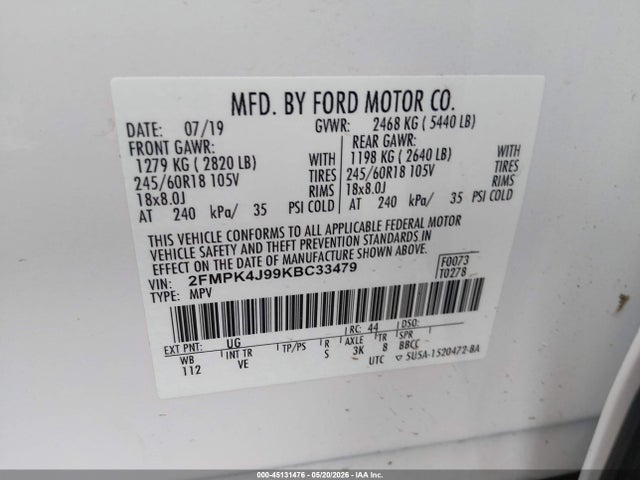 Продаж на аукціоні авто 2019 Ford Edge Sel, vin: 2FMPK4J99KBC33479, номер лоту: 45131476