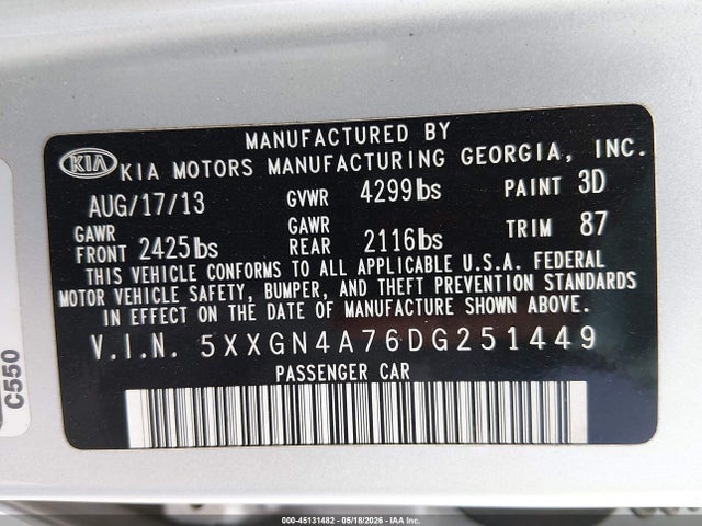 45131482 :رقم المزاد ، 5XXGN4A76DG251449 vin ، 2013 Kia Optima Ex مزاد بيع
