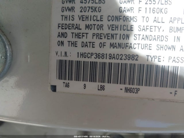 2009 Honda Accord 3.5 Ex-l მანქანა იყიდება აუქციონზე, vin: 1HGCP36819A023982, აუქციონის ნომერი: 45131486
