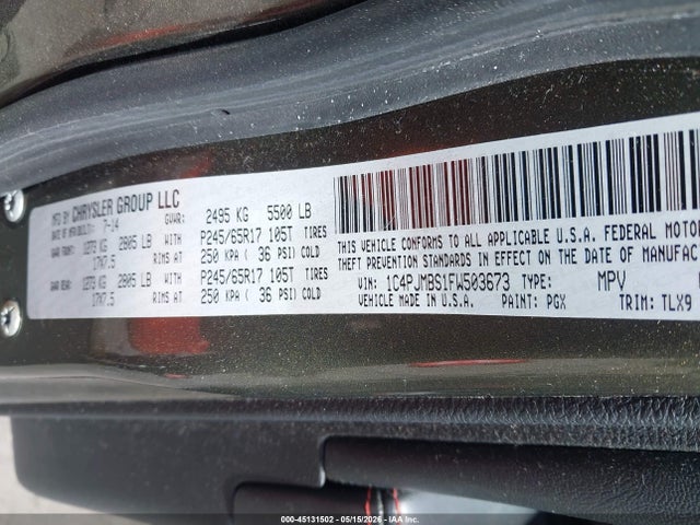 2015 Jeep Cherokee Trailhawk მანქანა იყიდება აუქციონზე, vin: 1C4PJMBS1FW503673, აუქციონის ნომერი: 45131502