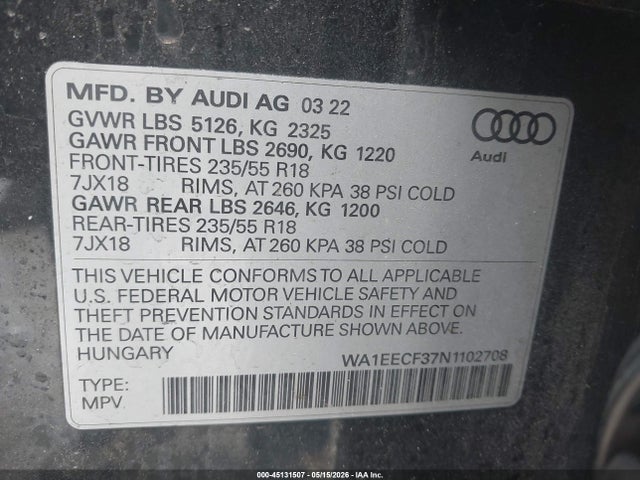 Продажа на аукционе авто 2022 Audi Q3 Premium Plus 45 Tfsi S Line Quattro Tiptronic, vin: WA1EECF37N1102708, номер лота: 45131507