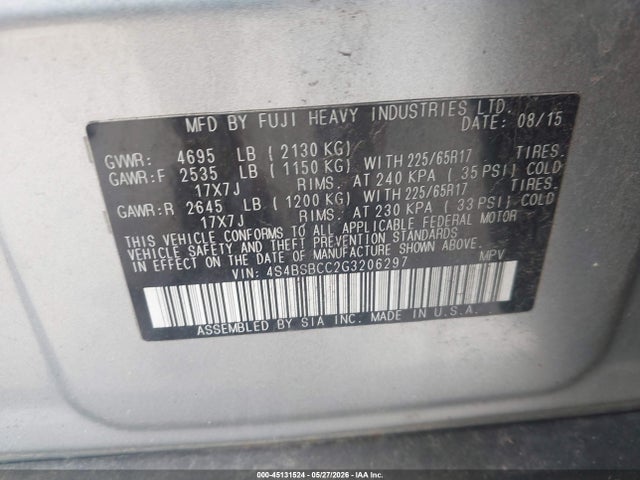 2016 Subaru Outback 2.5i Premium მანქანა იყიდება აუქციონზე, vin: 4S4BSBCC2G3206297, აუქციონის ნომერი: 45131524