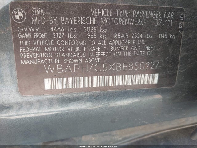 2011 Bmw 328i მანქანა იყიდება აუქციონზე, vin: WBAPH7C5XBE850227, აუქციონის ნომერი: 45131526