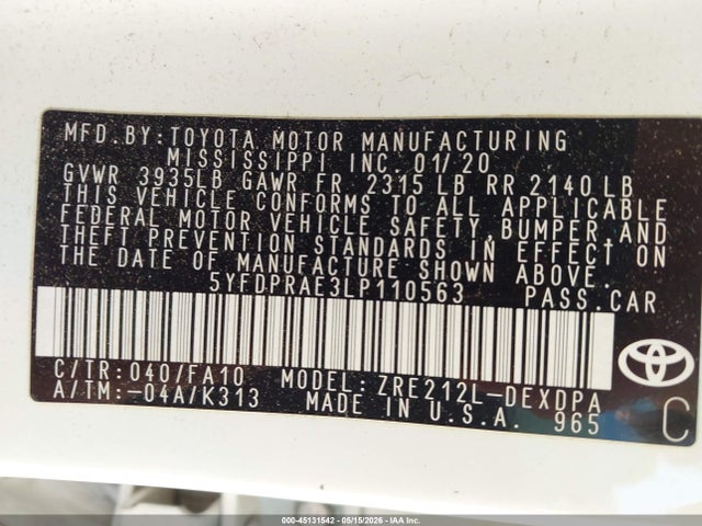 45131542 :رقم المزاد ، 5YFDPRAE3LP110563 vin ، 2020 Toyota Corolla L مزاد بيع