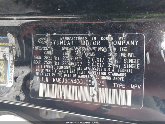 2016 Hyundai Tucson Se მანქანა იყიდება აუქციონზე, vin: KM8J3CA40GU156875, აუქციონის ნომერი: 45131546