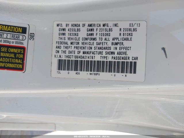 Aukcja sprzedaży 2013 Honda Accord Ex-l, vin: 1HGCT1B84DA014787, numer aukcji: 45131578