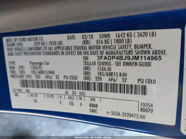 Aukcja sprzedaży 2018 Ford Fiesta Se, vin: 3FADP4BJ9JM114965, numer aukcji: 45131594