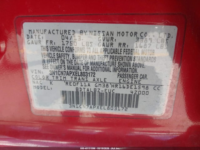 Продаж на аукціоні авто 2014 Nissan Versa 1.6 Sv, vin: 3N1CN7APXEL803172, номер лоту: 45131596
