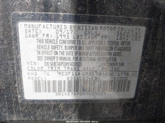 Auction sale of the 2017 Nissan Sentra S, vin: 3N1AB7AP0HY409509, lot number: 45131614