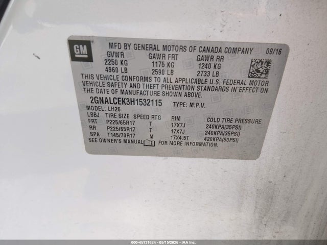 45131624 :رقم المزاد ، 2GNALCEK3H1532115 vin ، 2017 Chevrolet Equinox Lt مزاد بيع