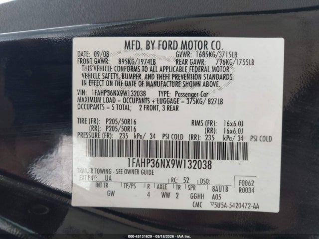 Aukcja sprzedaży 2009 Ford Focus Ses, vin: 1FAHP36NX9W132038, numer aukcji: 45131629