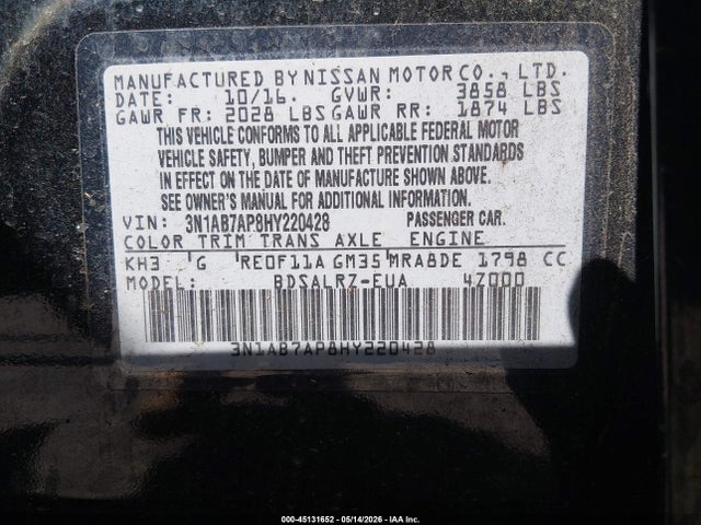 Aukcja sprzedaży 2017 Nissan Sentra Sr, vin: 3N1AB7AP8HY220428, numer aukcji: 45131652