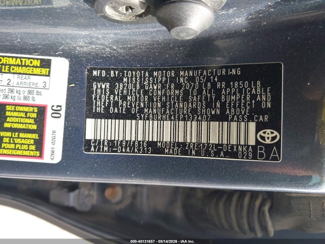 Продажа на аукционе авто 2014 Toyota Corolla Le, vin: 5YFBURHE4EP133407, номер лота: 45131657