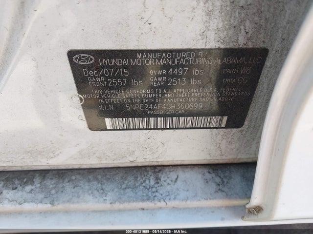 Aukcja sprzedaży 2016 Hyundai Sonata Se, vin: 5NPE24AF4GH360699, numer aukcji: 45131659
